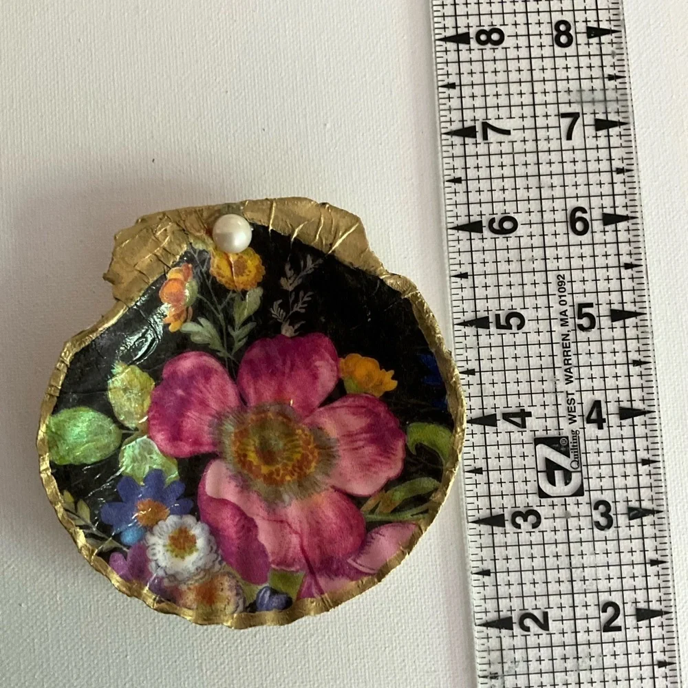 Scalloped Clam Shell Jewelry Dish Gold Leaf Decoupaged